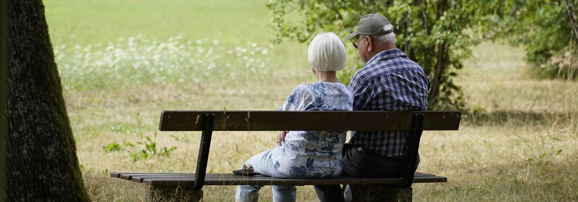 Agent explaining medicare insurance plans Elder sitting on bench in fields