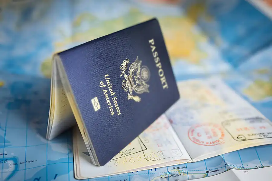 Passport over a map